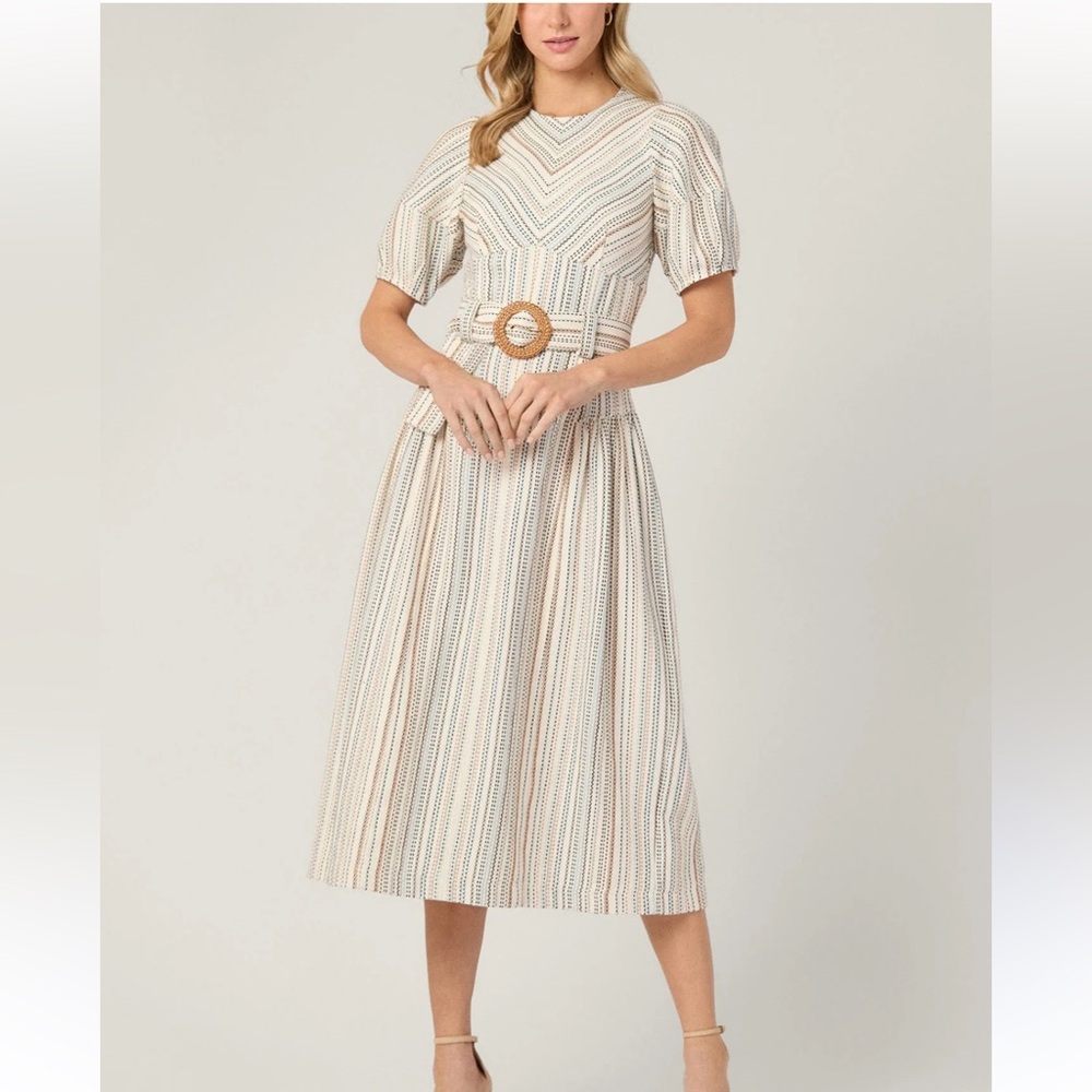 Shoshanna Cream Multi-Stripe Midi Dress - Belt Missing